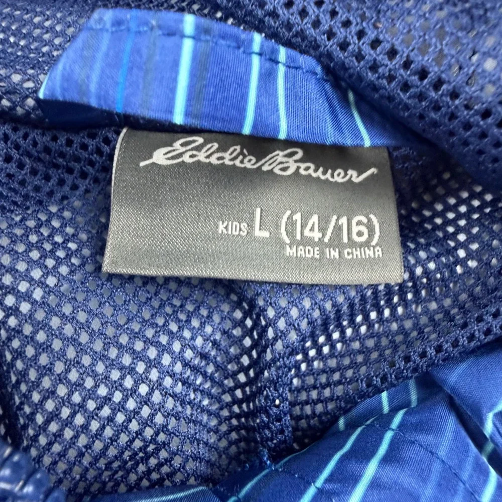 Eddie Bauer Windbreaker Jacket Kids L (14/16) Blue Striped Hooded Mesh‎ Lined